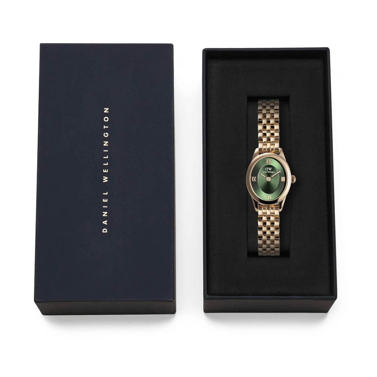 Daniel Wellington green-dial quartz watch shown in a black presentation box