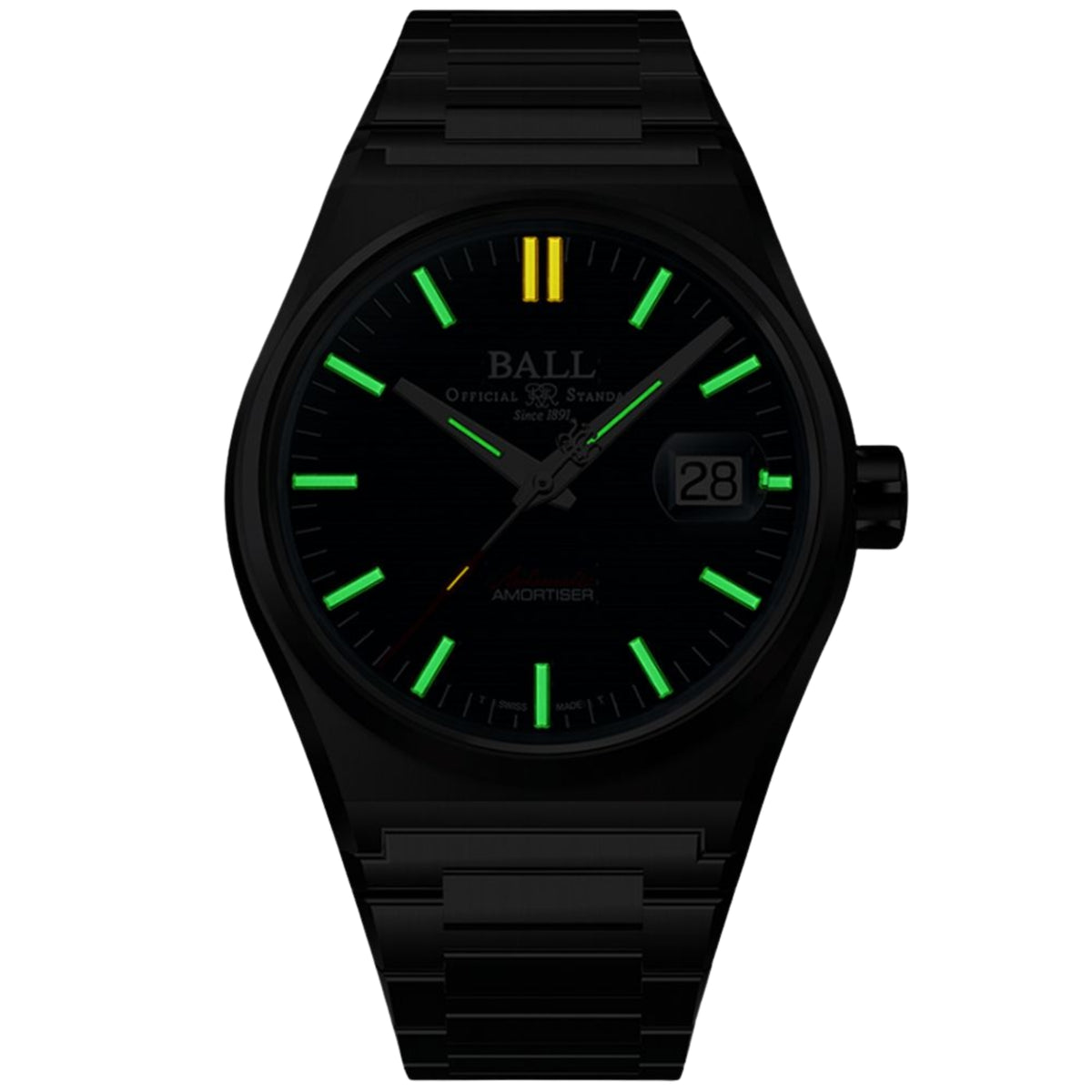 Men's automatic black wristwatch with green luminous markers and date window at 28