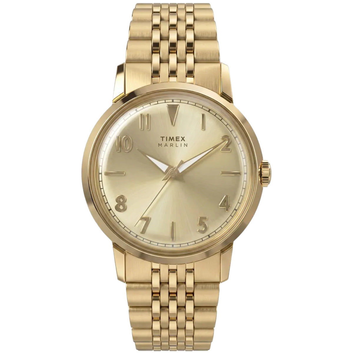 Timex Marlin TW6A04000 front view displaying champagne dial with stylized Arabic numerals, yellow gold-tone case, and matching link bracelet