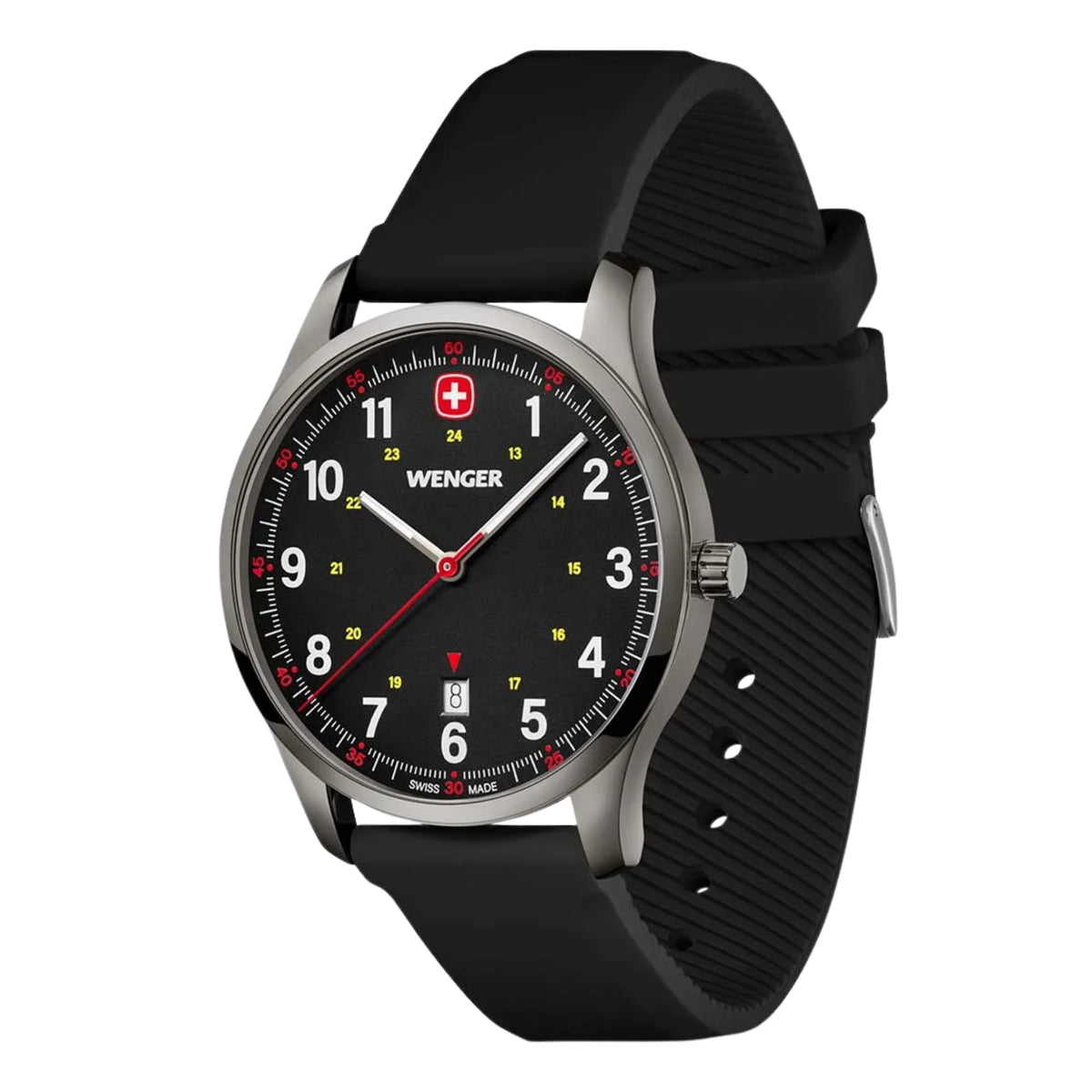 Wenger City Sport 01.1441.135 perspective view showing black dial face, case profile, and textured silicone strap