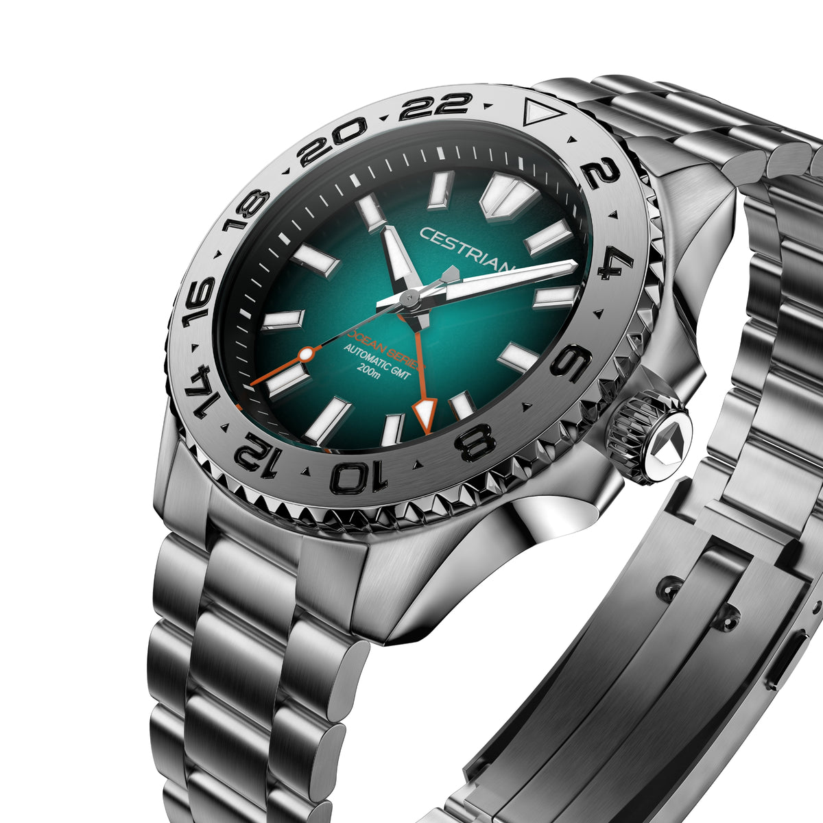 Men's automatic GMT watch side view, green dial on stainless steel bracelet