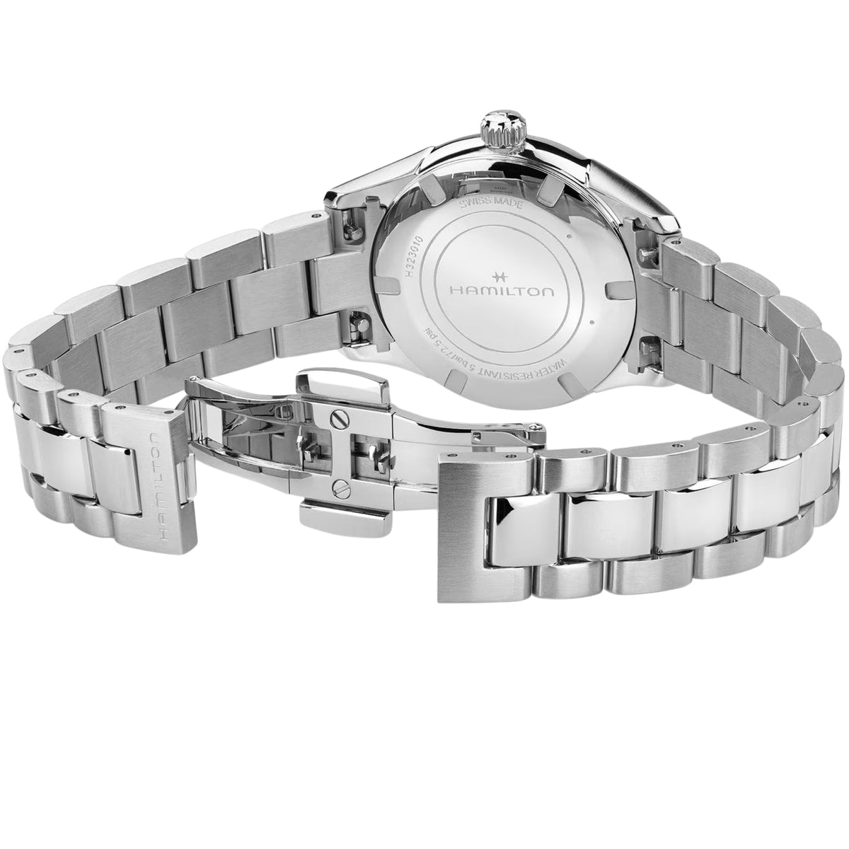 Hamilton Jazzmaster H32301181 back view showing solid case back and open steel deployment clasp