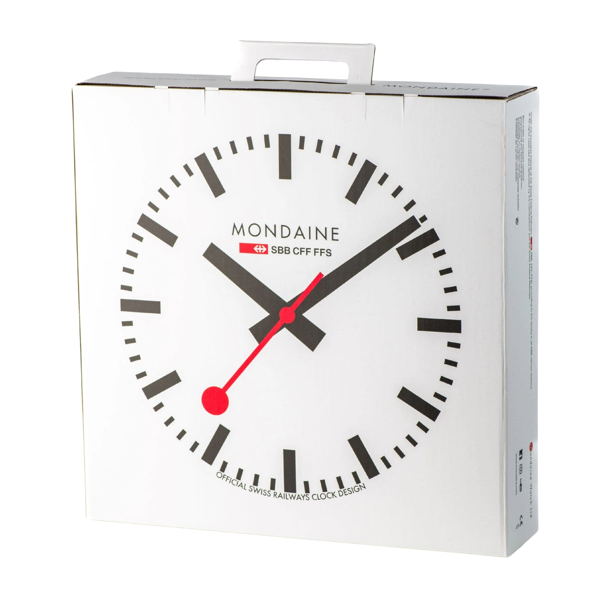 Packaging box back for Mondaine clock A995.CLOCK.16SBB showing the clock face design.