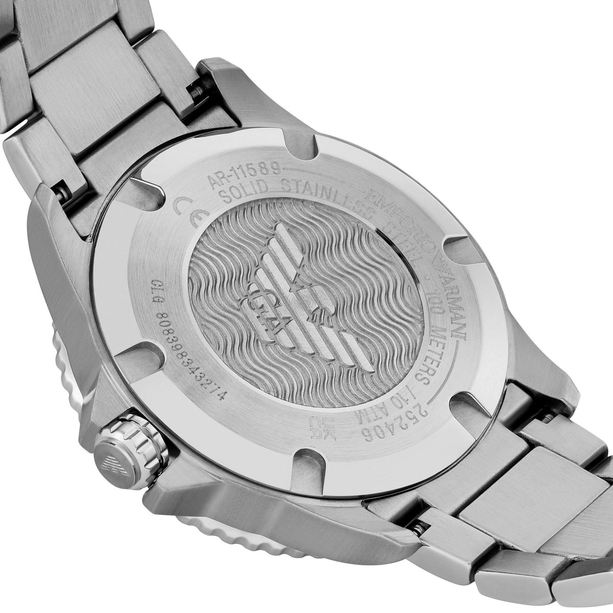 Stainless steel caseback with wave texture and engraved serial details