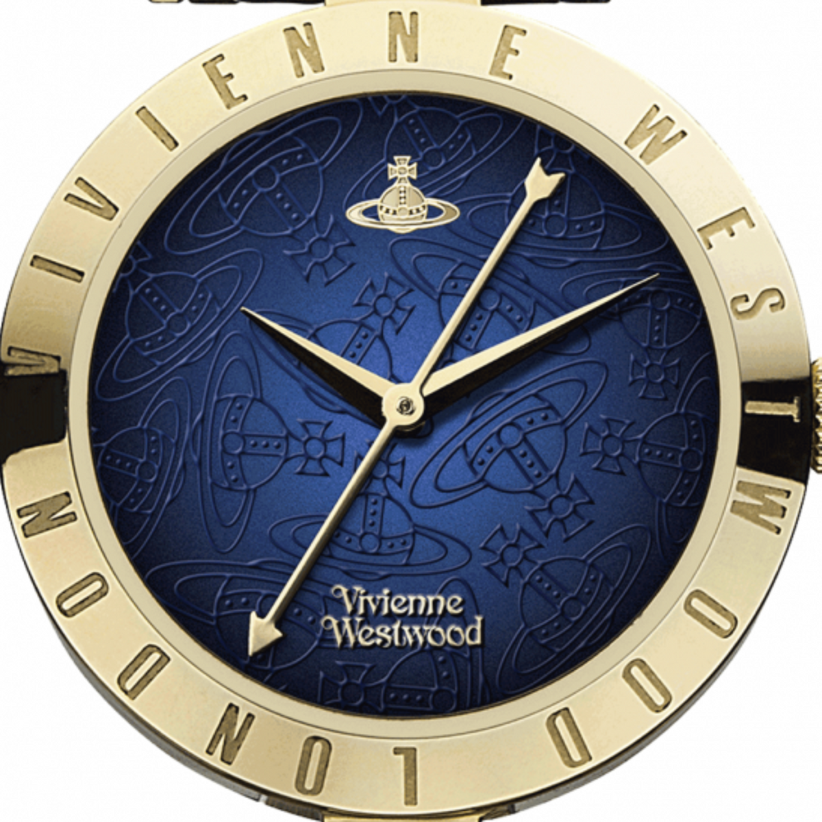 Round watch dial with blue textured face, gold hands and Vivienne Westwood mark