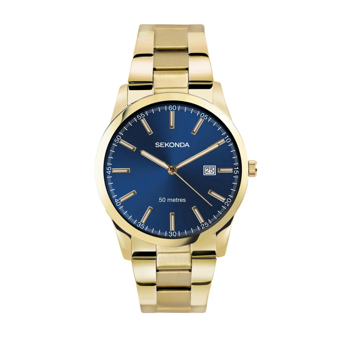 Gold-tone men's wristwatch with blue dial and stainless steel bracelet