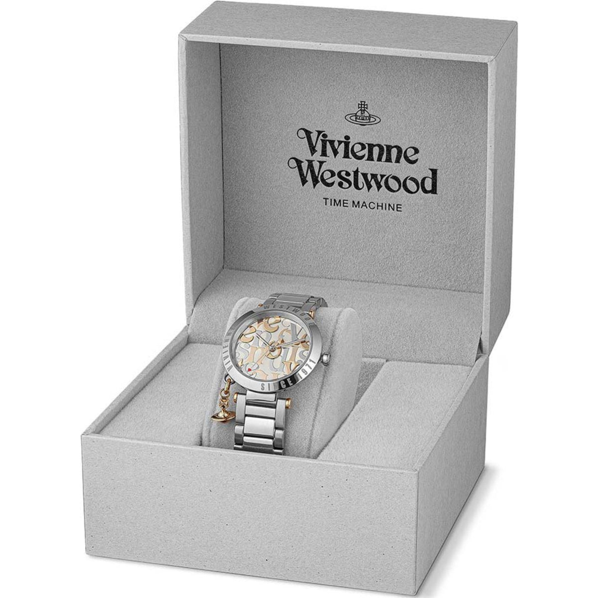 Vivienne Westwood Orb Logomania VV315WSSL silver dial watch presented inside signature grey packaging box