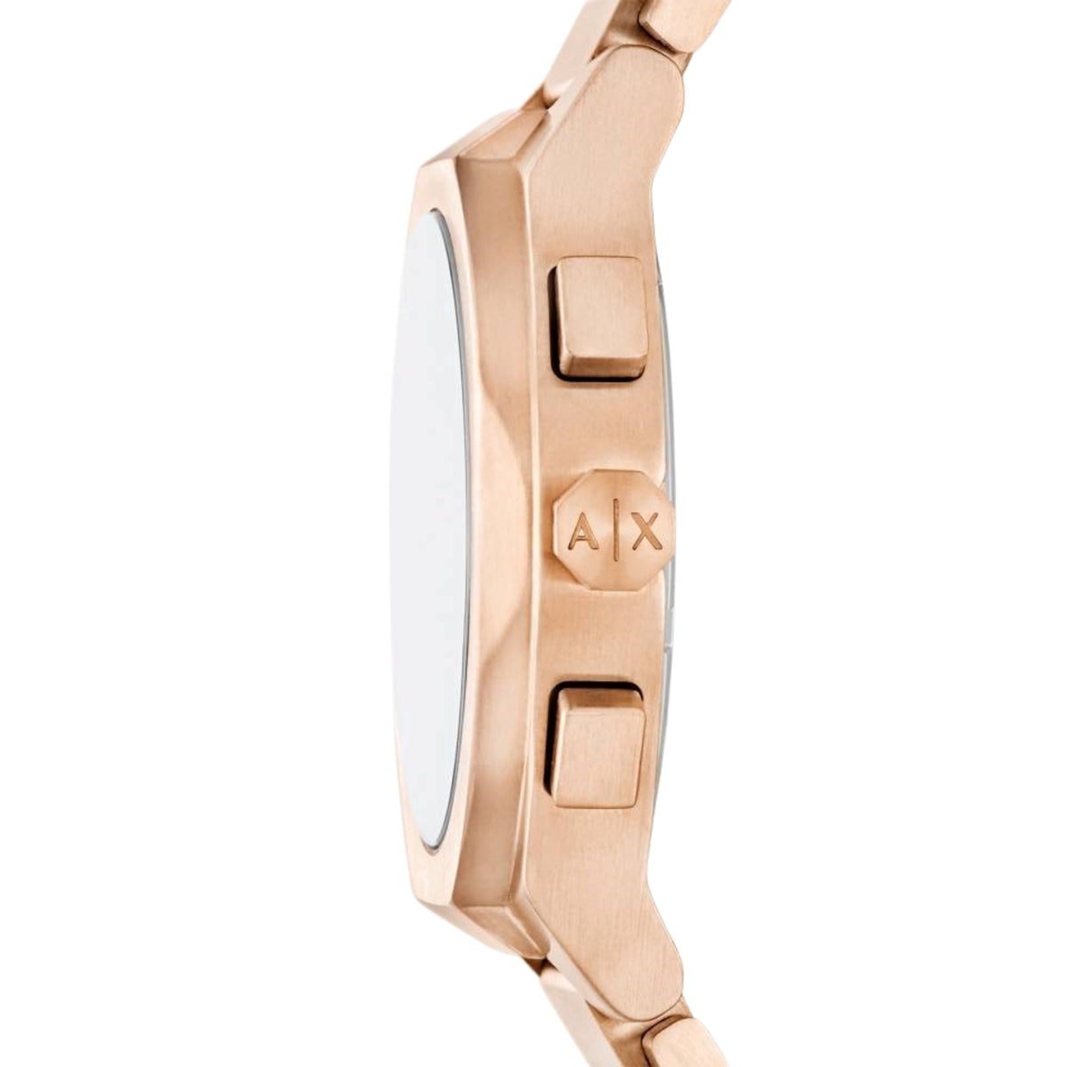 Rose-tone metal watch case with A|X engraving and linked bracelet, side view