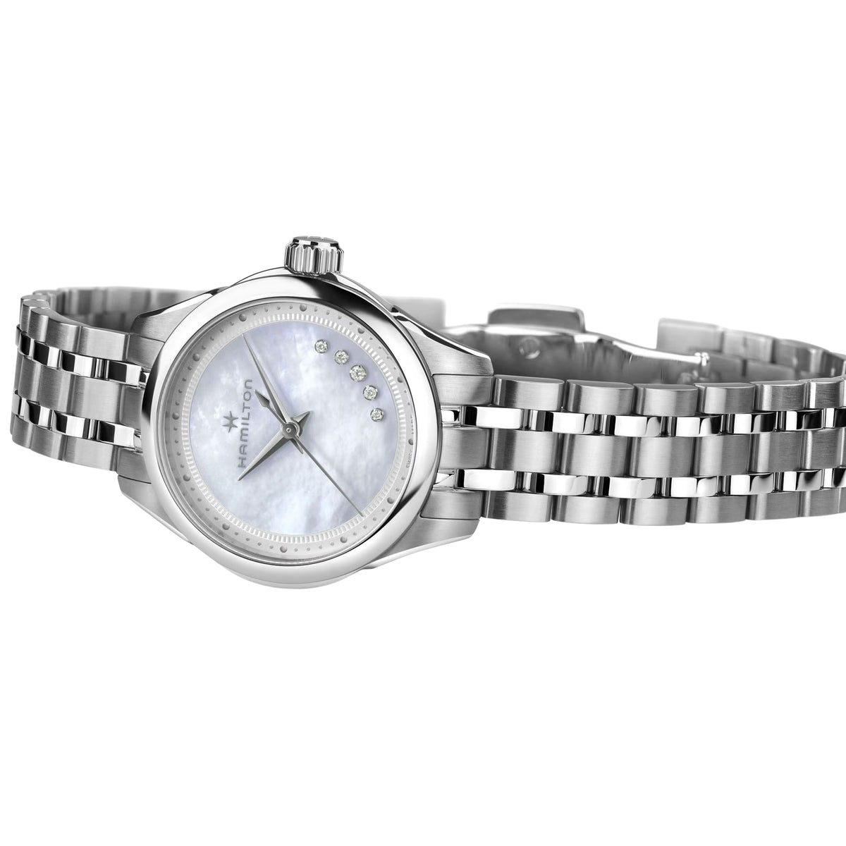 Stainless steel quartz wristwatch with round case, mother-of-pearl dial, metal link bracelet