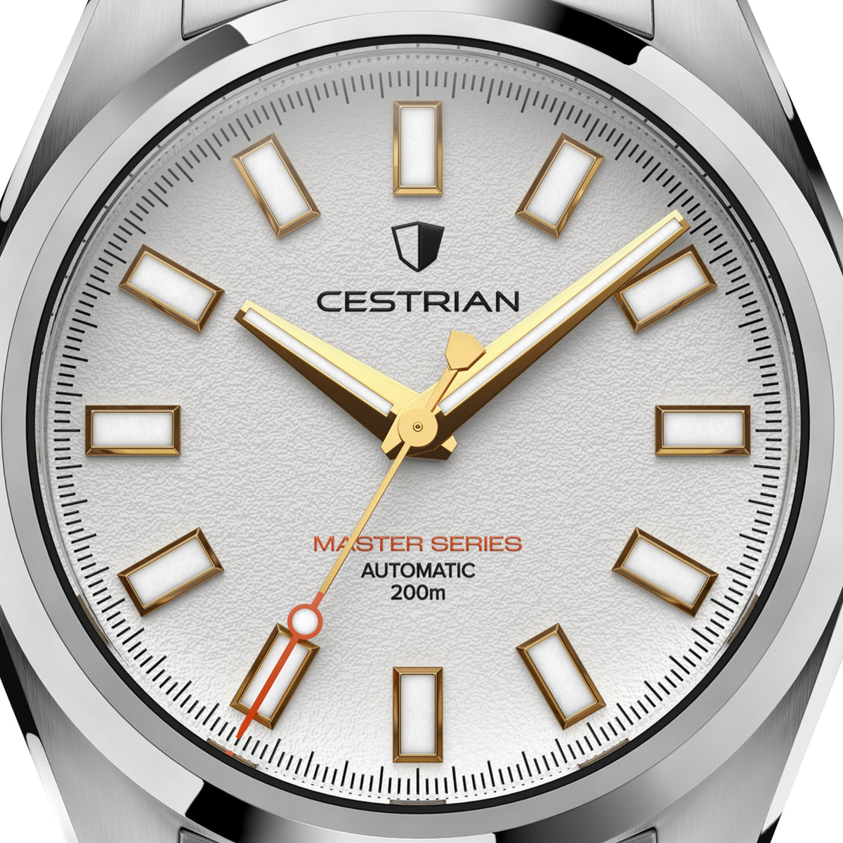 Cestrian Master Series automatic men's watch close-up of white textured dial and gold markers