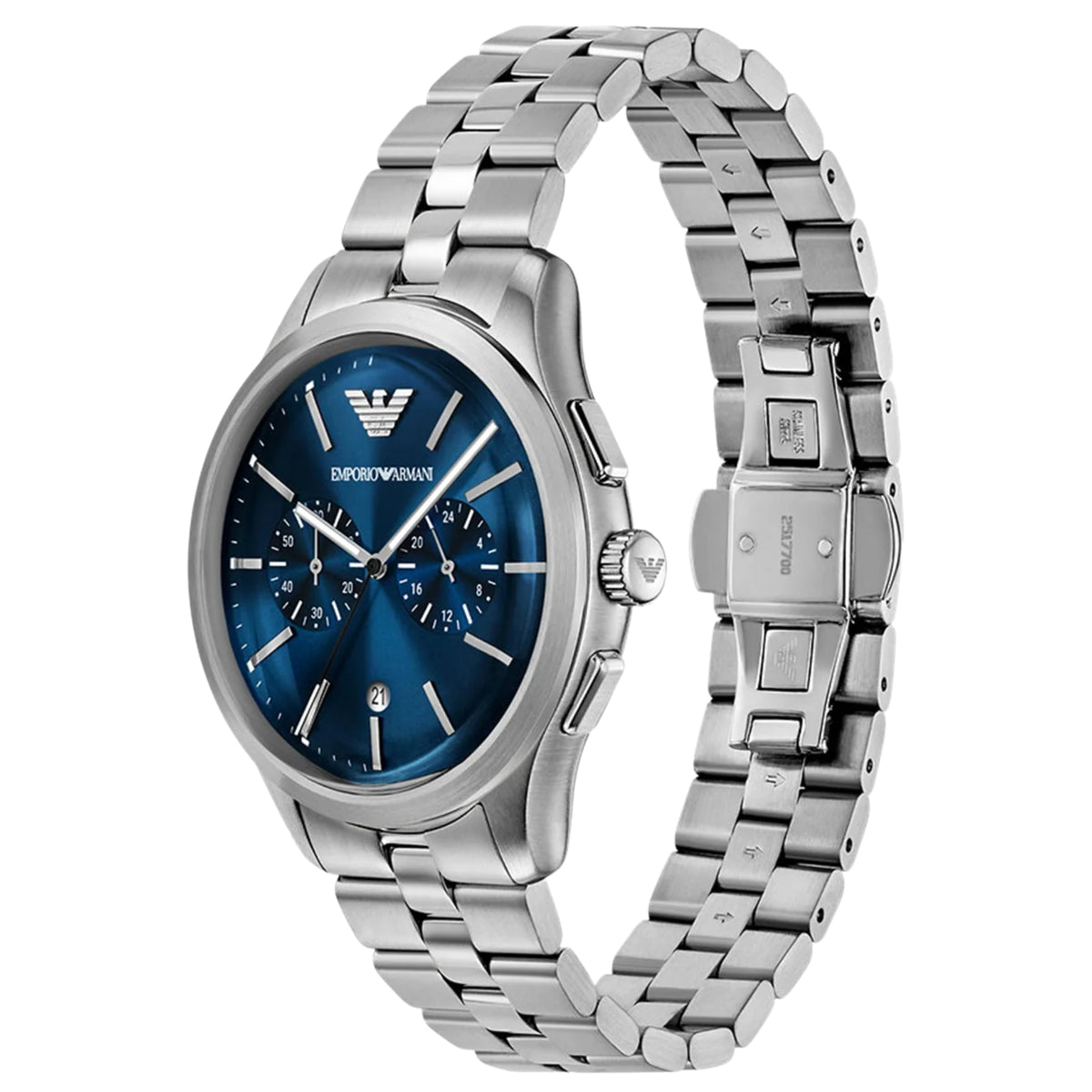 Three-quarter angle view of the Emporio Armani Dario AR11728 chronograph showcasing the blue dial layout, side pushers, and metal bracelet clasp