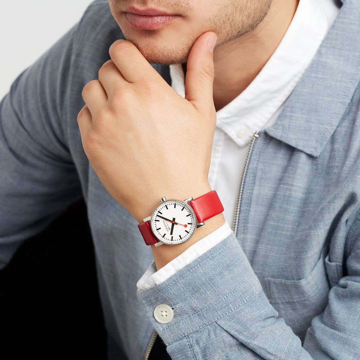 Mondaine Evo2 MSE.35110.LCV worn on wrist with light blue shirt