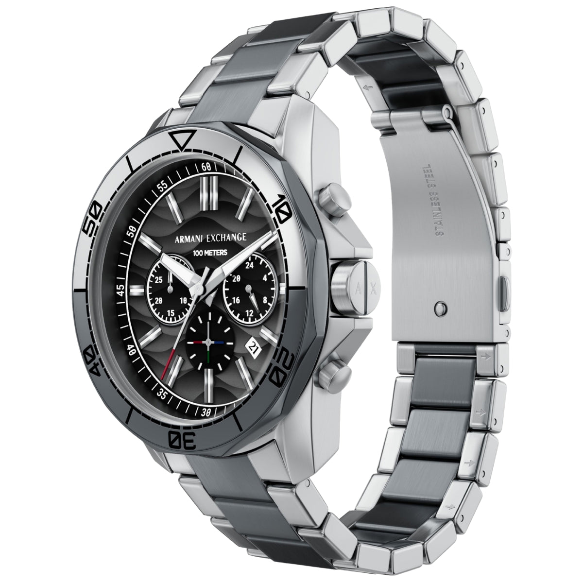 Armani Exchange Spencer AX1973 three-quarter angle detailing steel case profile with bezel, crown pushers, and link bracelet