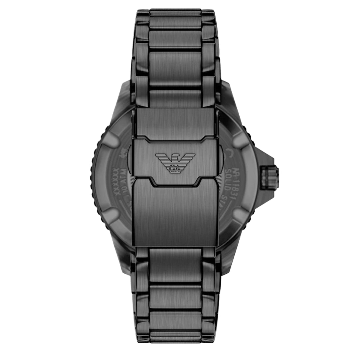 Straight back view of the Emporio Armani World Explorer AR11831 watch featuring the black stainless steel bracelet and engraved  closure