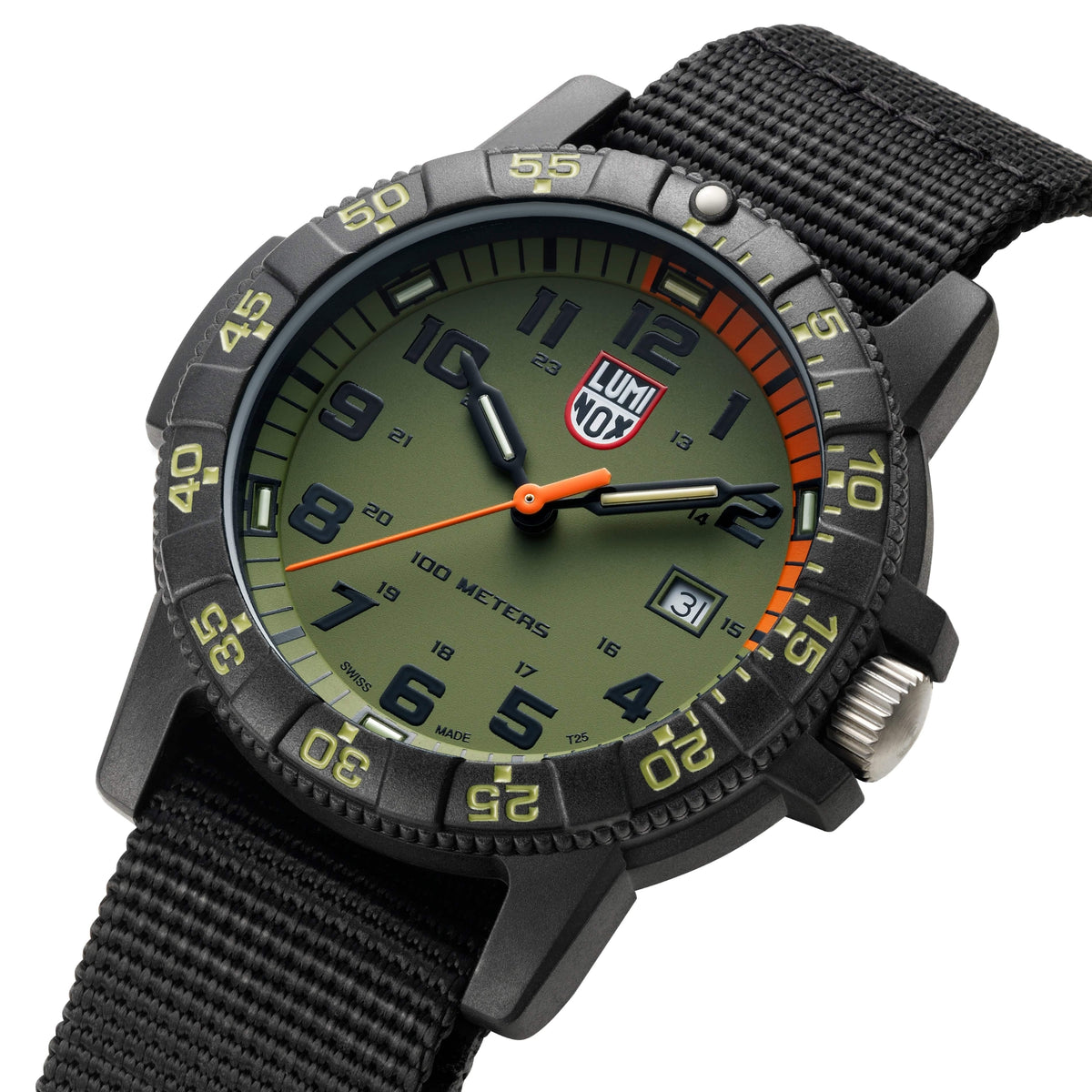 Mens quartz dive watch with green dial, black bezel, and textured fabric strap