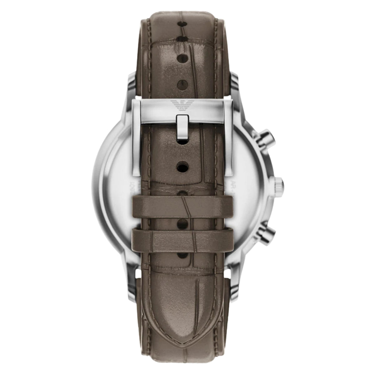 Straight back shot of the Emporio Armani Archetipo AR11821 watch displaying the brown leather strap and silver-tone pin buckle closure