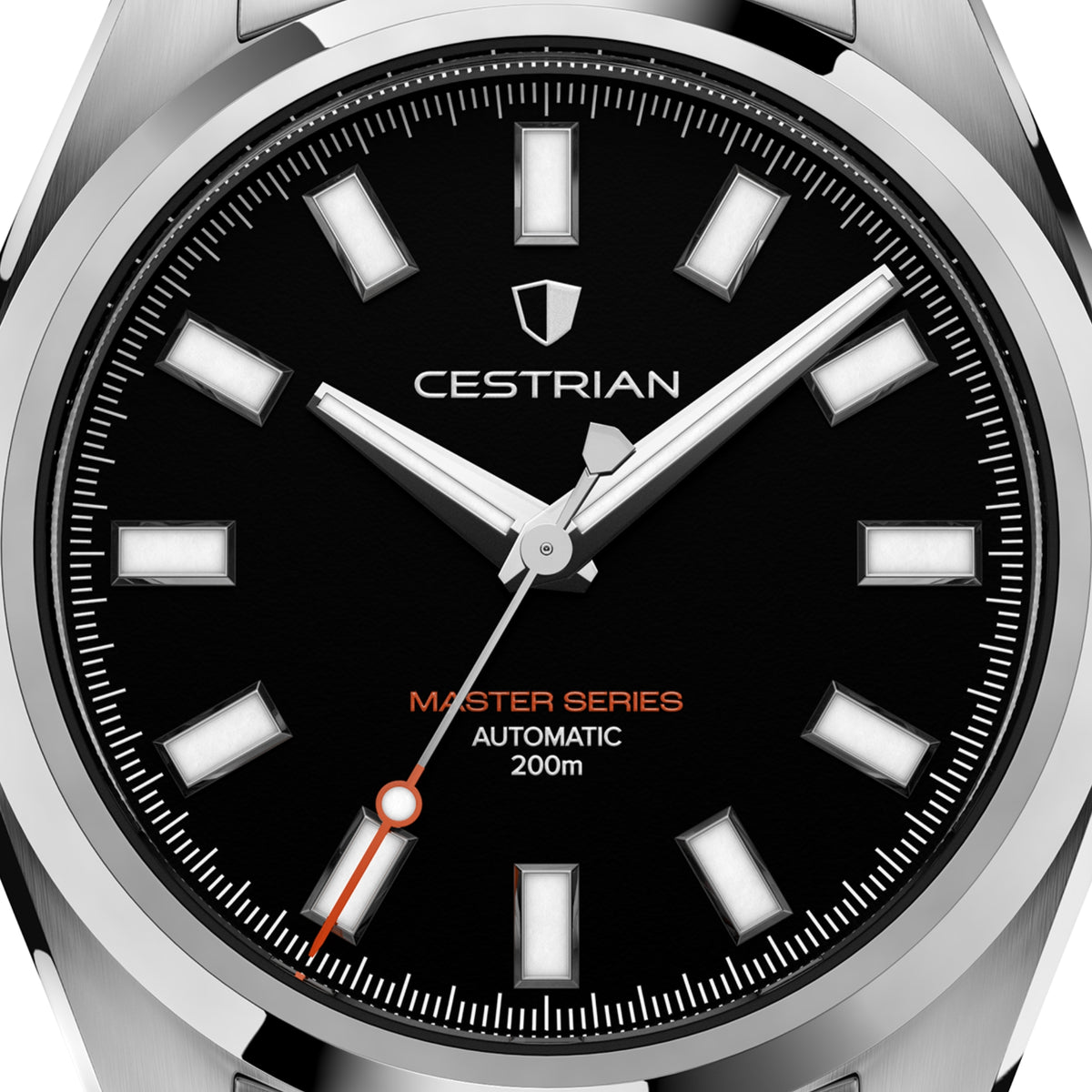 Close-up of silver automatic men's watch dial with white hour markers and hands