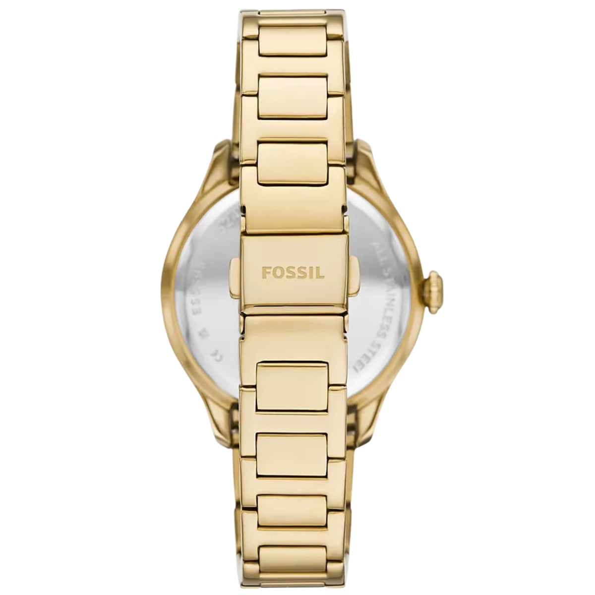 Gold-tone steel watch back and clasp, bracelet links with FOSSIL branding