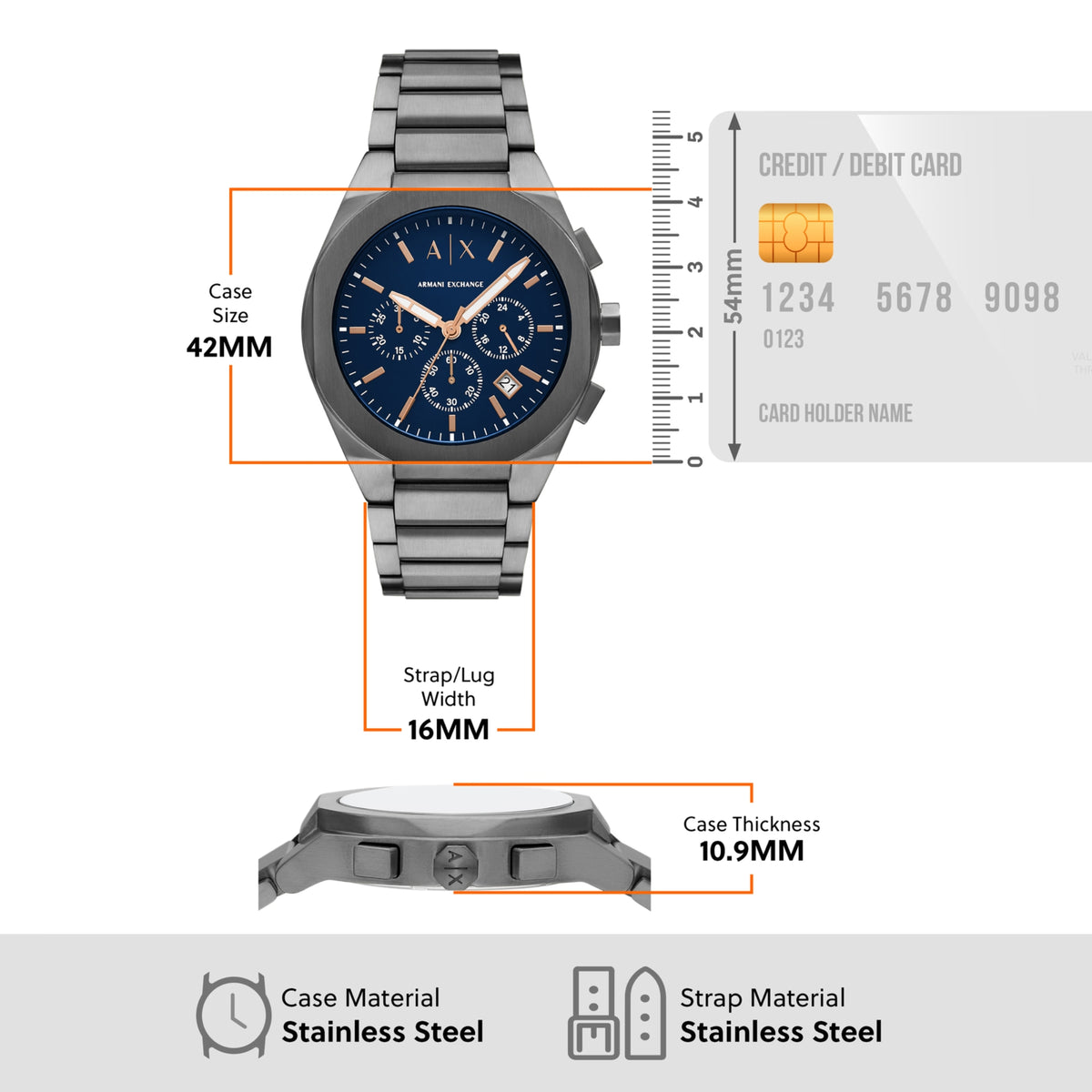 Armani Exchange Sync AX4182 size reference 42mm case and 10.9mm thickness compared to credit card