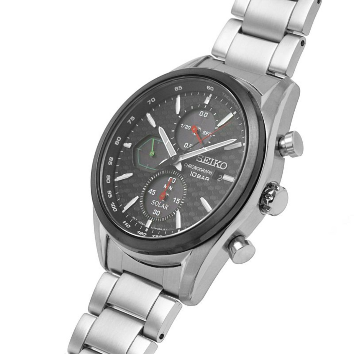 Seiko solar chronograph watch with black dial and stainless steel bracelet