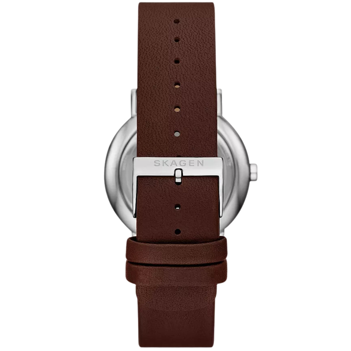 Skagen chronograph watch back, dark brown leather strap with buckle