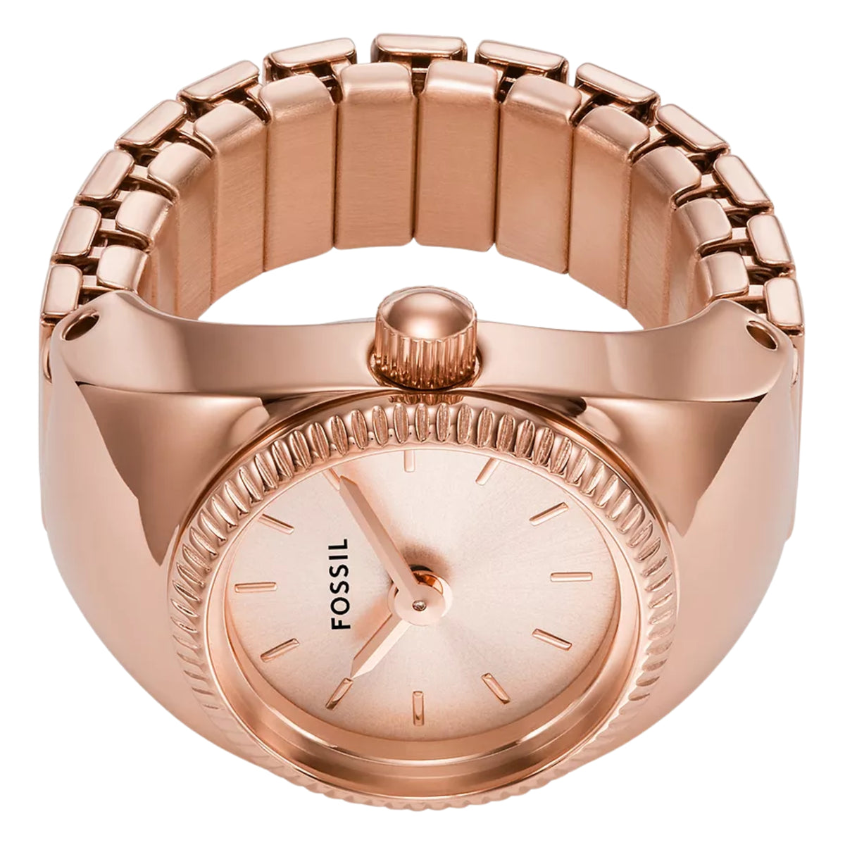 Angled top view of the Fossil Watch Ring ES5247 highlighting the rose gold dial, crown detail, and flexible expansion band