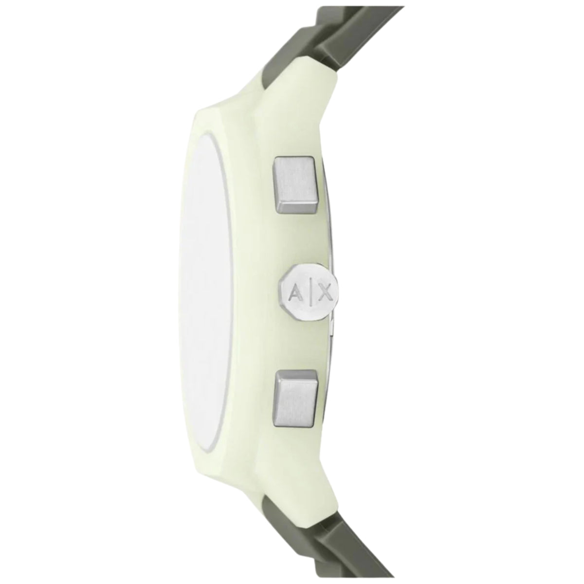 Khaki green silicone chronograph watch, side profile with AX logo details