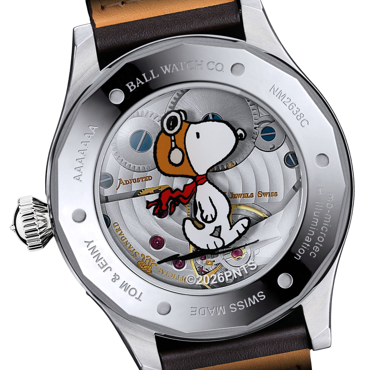 Watch caseback featuring Snoopy artwork on brushed metal with signature details.