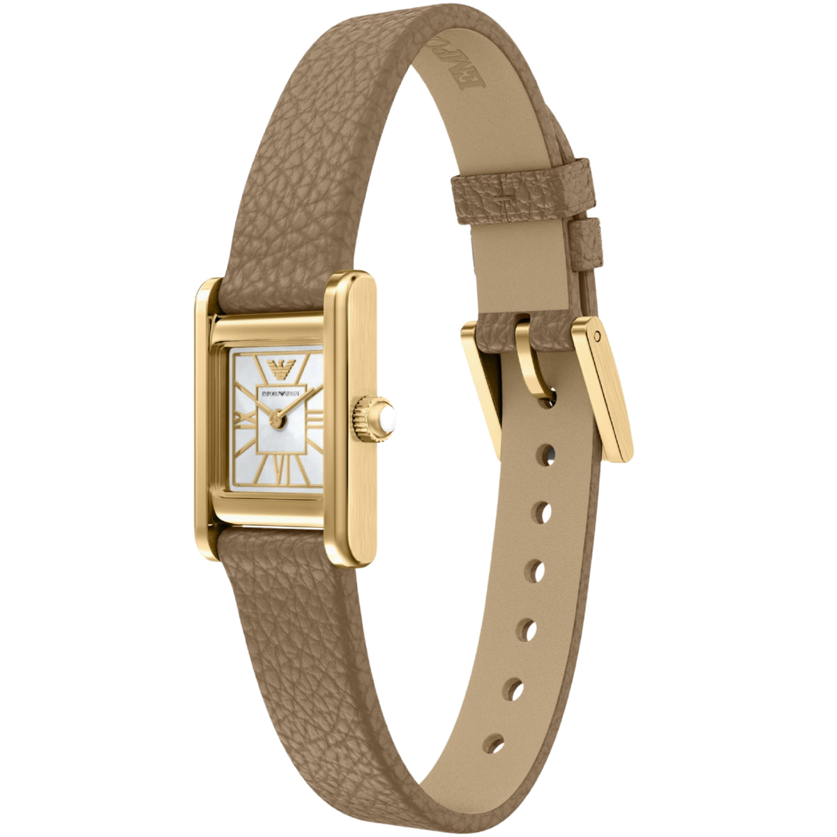 Rectangular ladies quartz watch with mother-of-pearl dial, gold-tone case, taupe leather strap