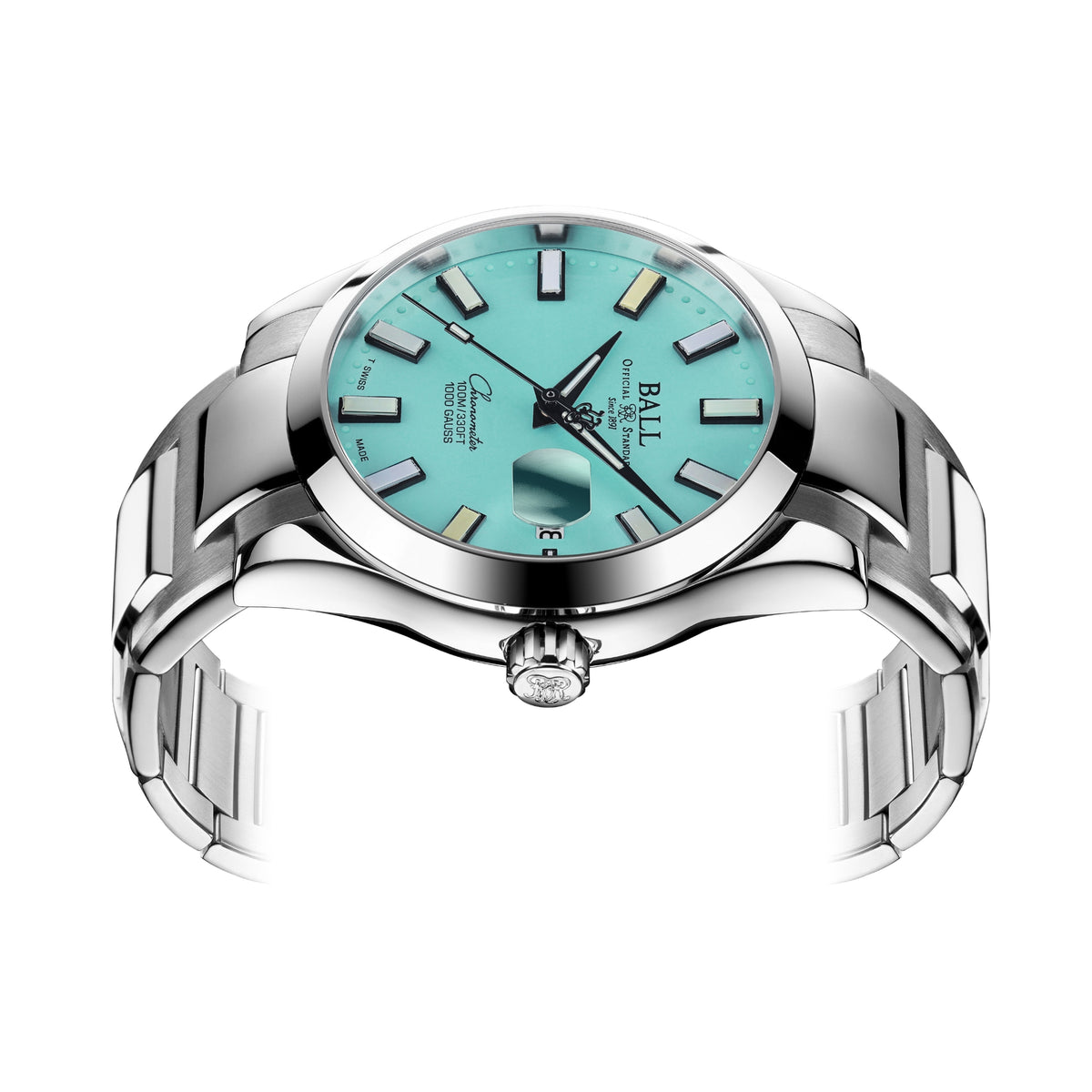 Round steel watch with turquoise dial and baton hour markers, visible case and bracelet links