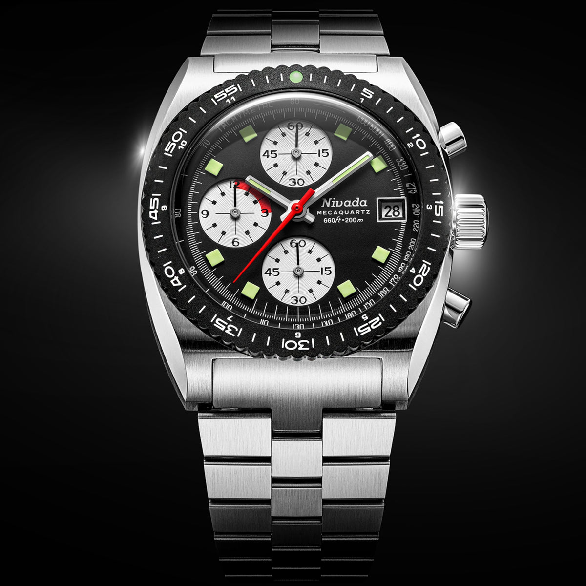 Nivada Grenchen Autochron Mecaquartz Chronograph watch 77007Q45 featuring its black dial, lume markers, red seconds hand, and date window