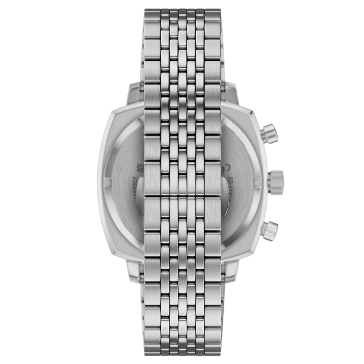 Straight back view of the Emporio Armani Carlo AR11800 watch showing the brushed stainless steel bracelet and hidden butterfly closure