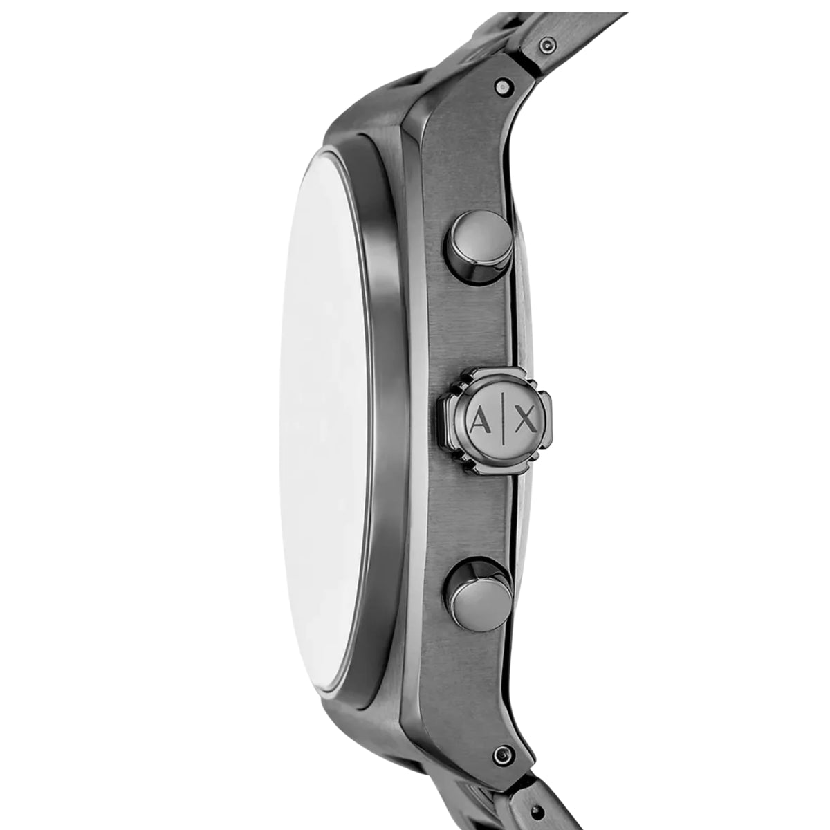 Steel chronograph watch side view with crown and two pushers on black case.