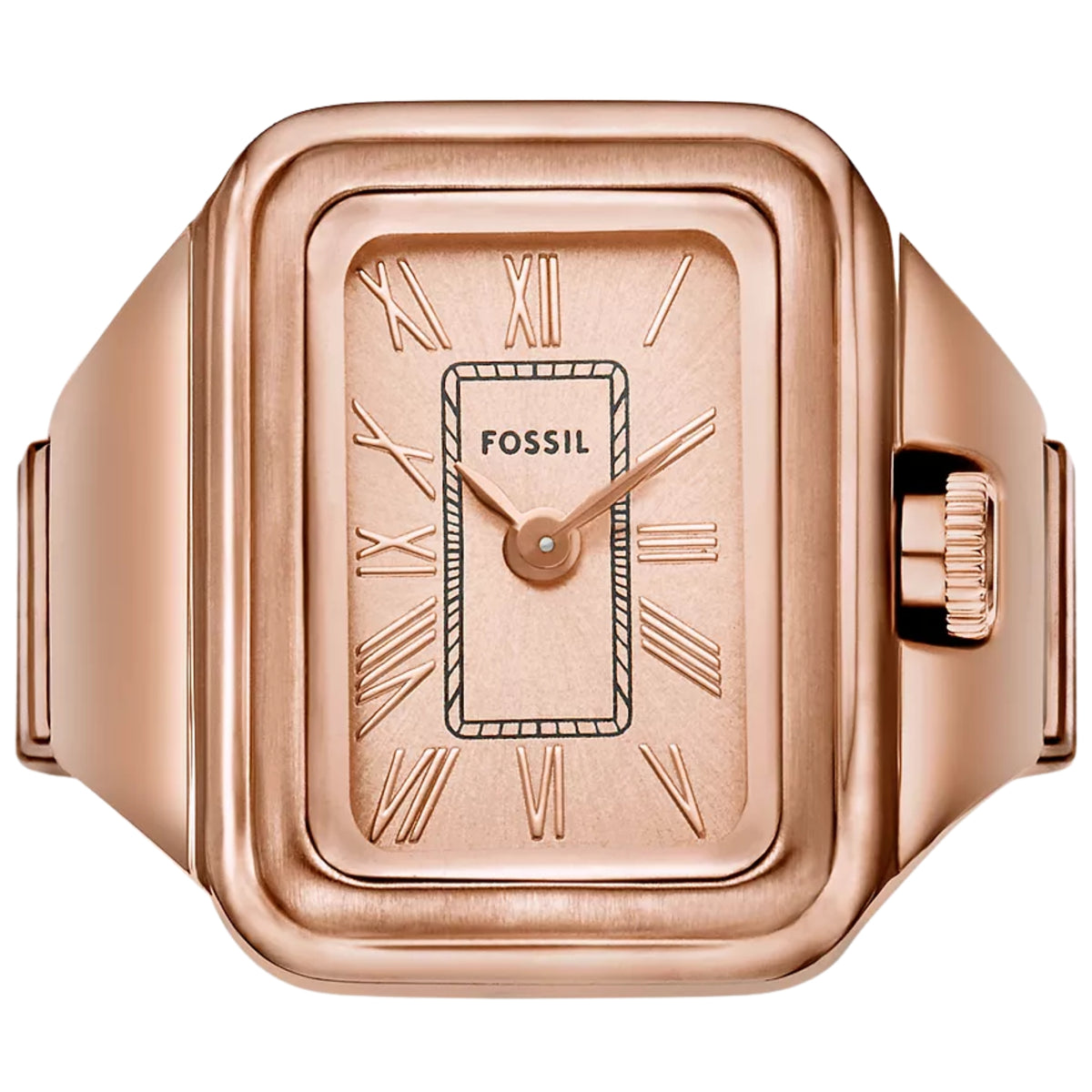 Fossil Raquel ES5345 front close-up view displaying rose gold dial with Roman numerals and side crown