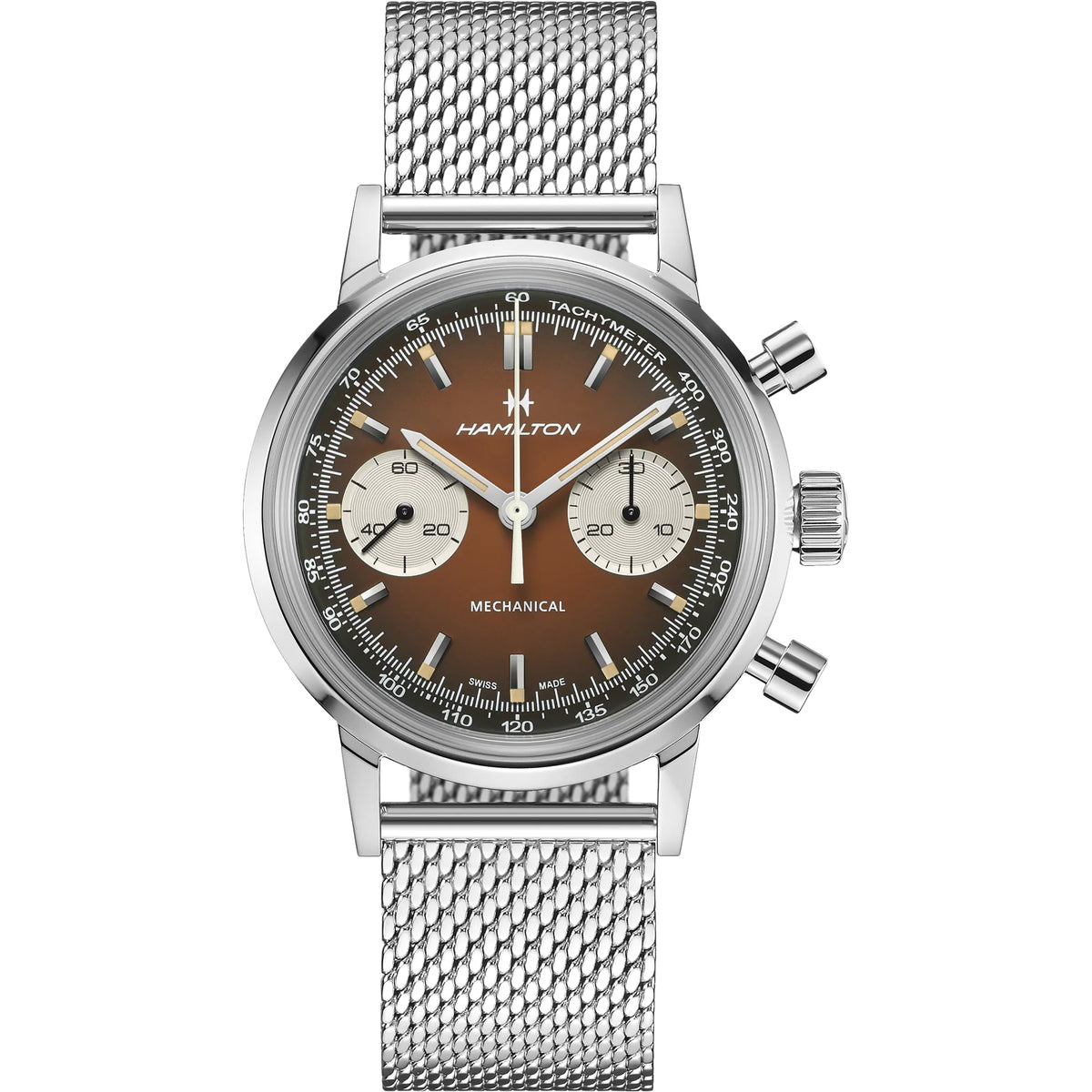 Hamilton 40mm chronograph watch with brown dial, silver mesh bracelet, and three subdials