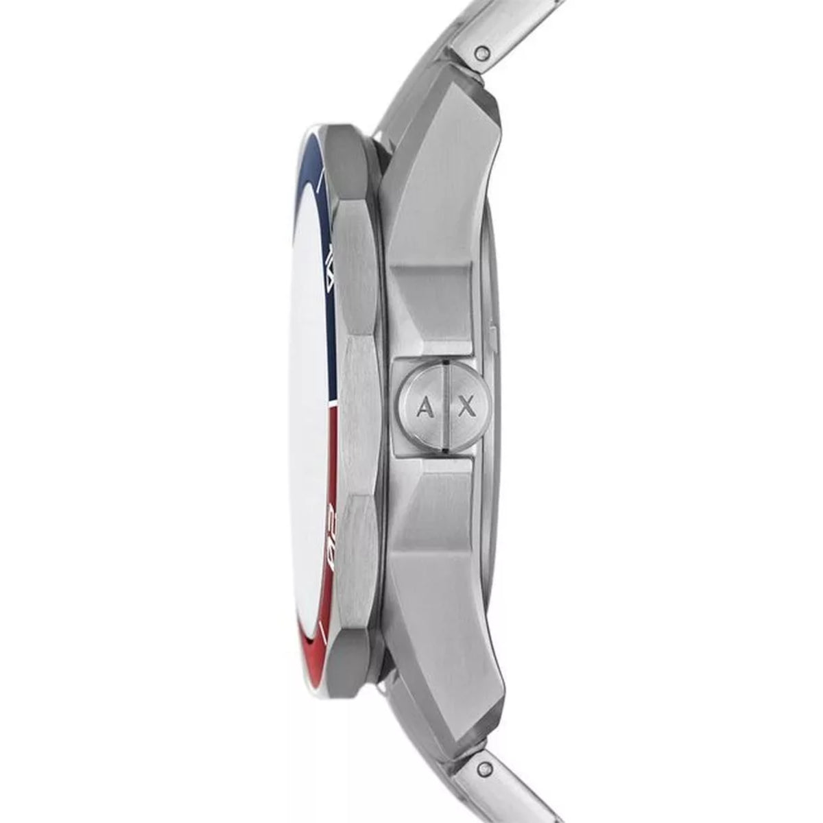 Stainless steel quartz watch case with crown and engraved A|X, side profile