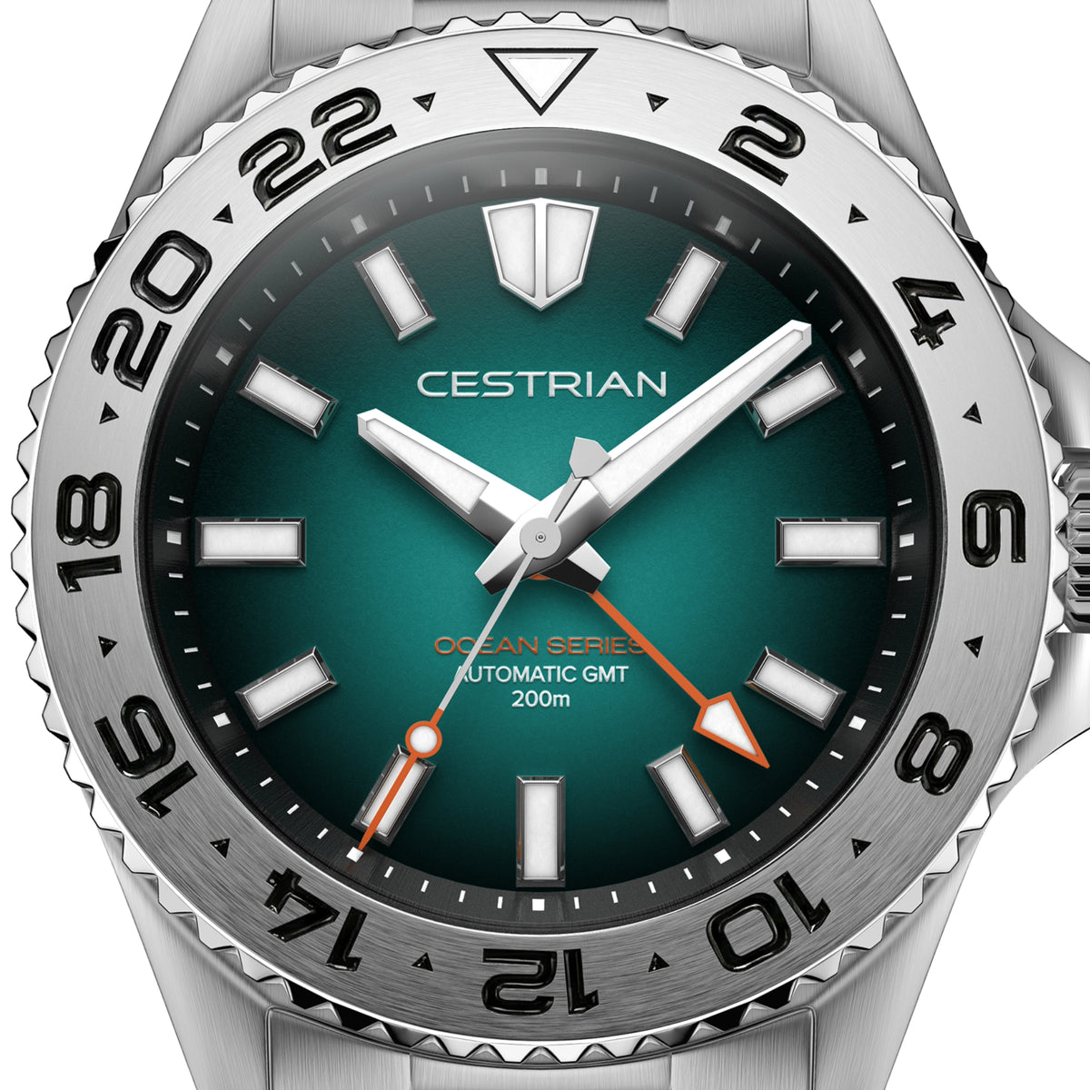 Men's automatic GMT watch face view, green dial with luminous indices and hands