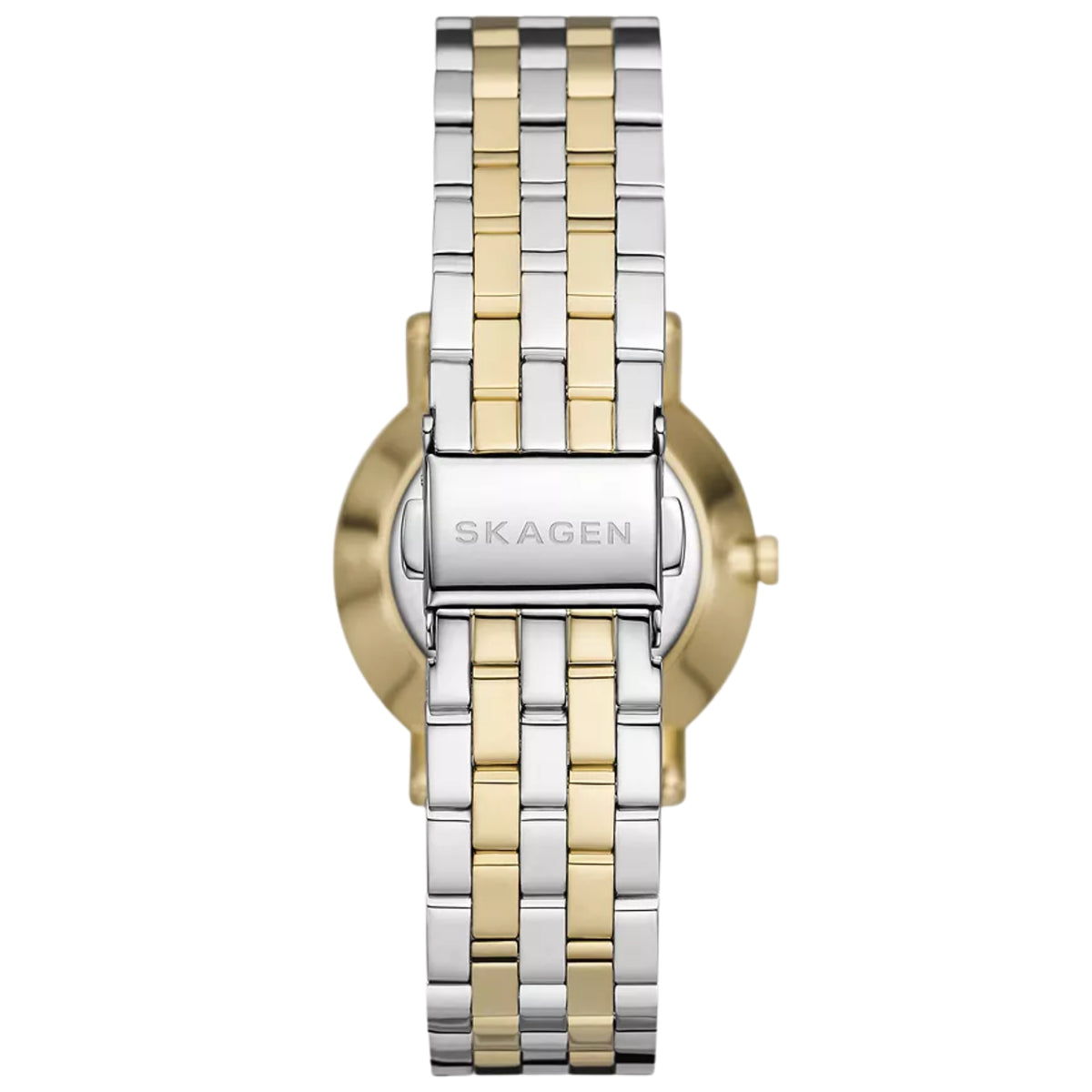 Two-tone stainless steel bracelet watch with SKAGEN clasp and gold-tone link accents.