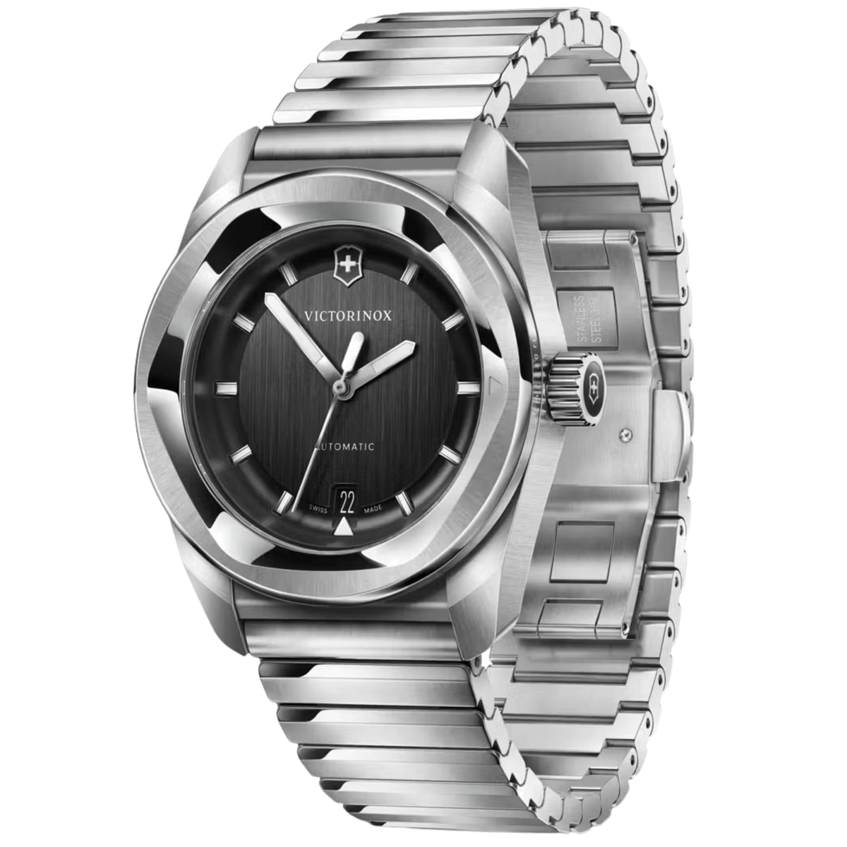 Victorinox 242059 black brushed dial with date display and luminous hands close-up  