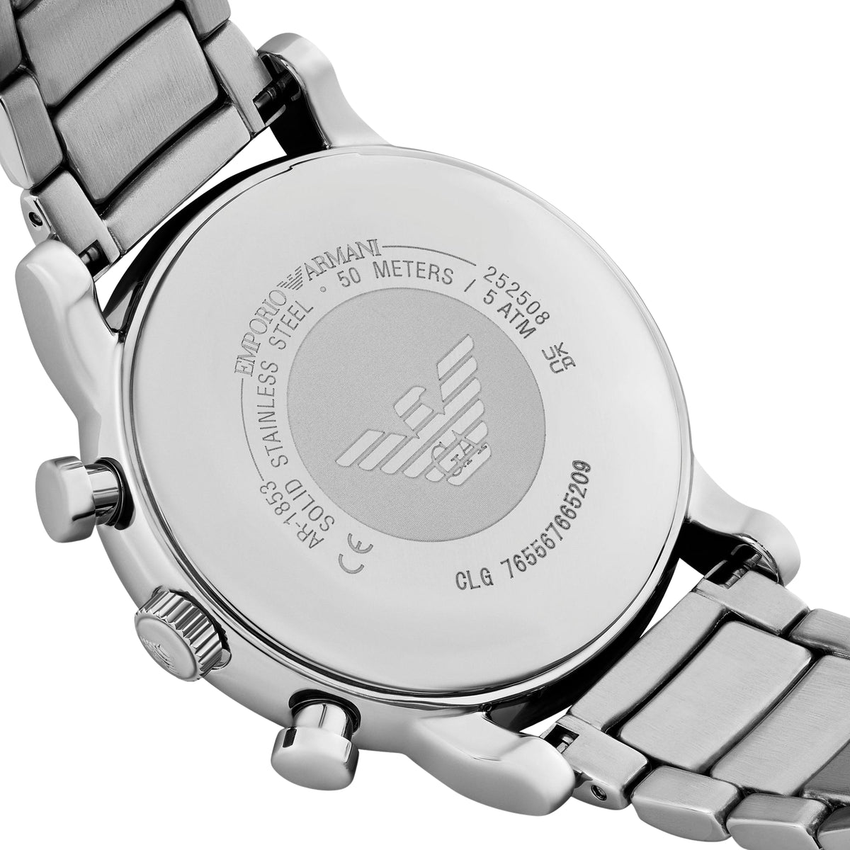 Emporio Armani Luigi AR1853 close-up view of back case showing engraved logo and product details