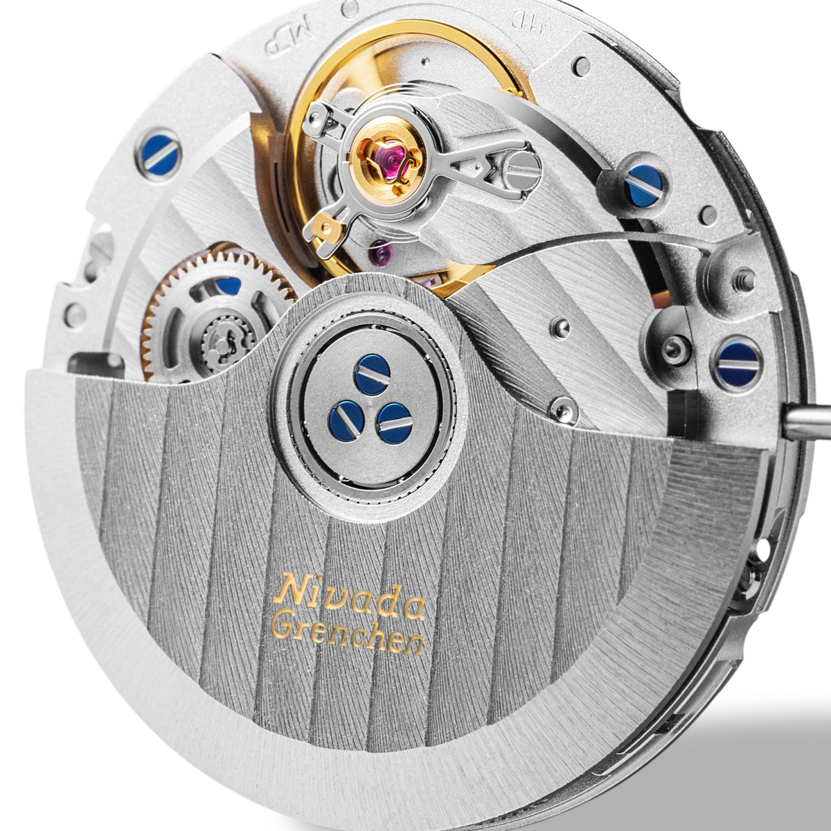Nivada Grenchen F77 68062A77-DR detailed view of automatic caliber showing gold engraved logo on rotor