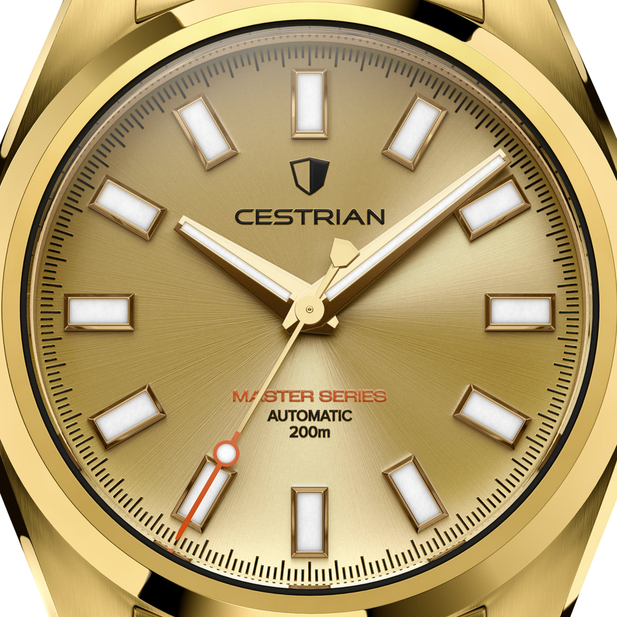 Gold dial automatic men's watch with baton markers, hands, and 200m water-resist mark.