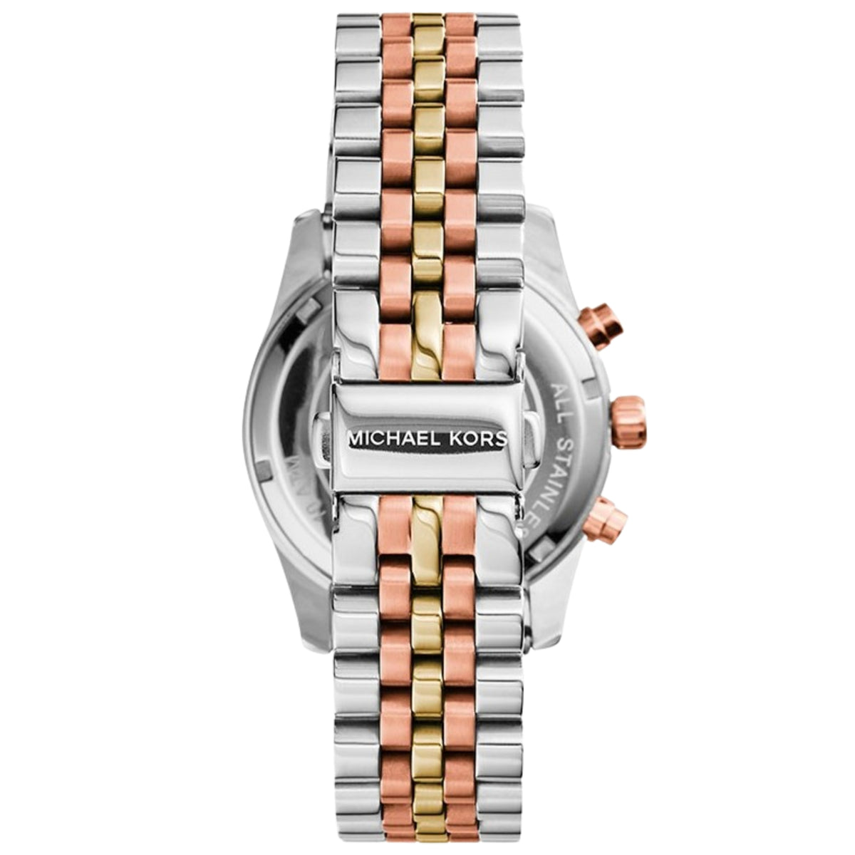 Michael Kors Lexington MK5735 rear view showing the folding clasp on the tri-colour stainless steel bracelet