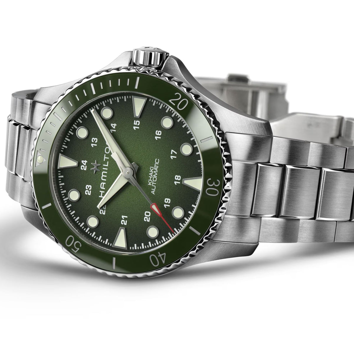 Hamilton Khaki Navy Scuba H82525160 mens watch angled view displaying green dial, rotating ceramic bezel, and stainless steel case