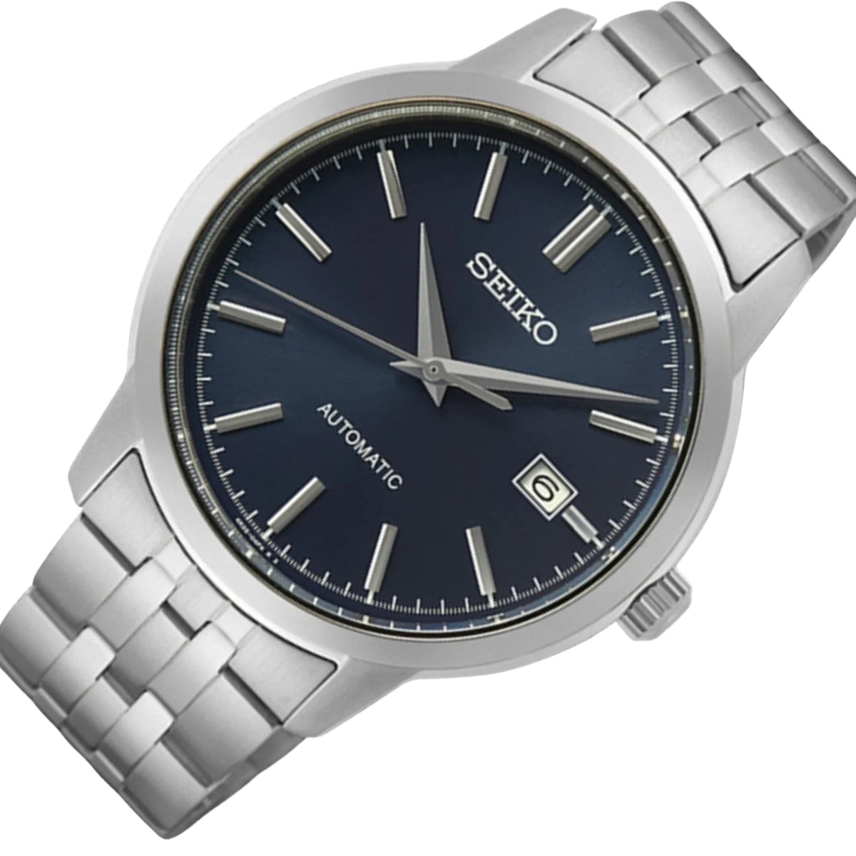 Seiko Essentials SRPH87K1 stainless steel case and bracelet angled view