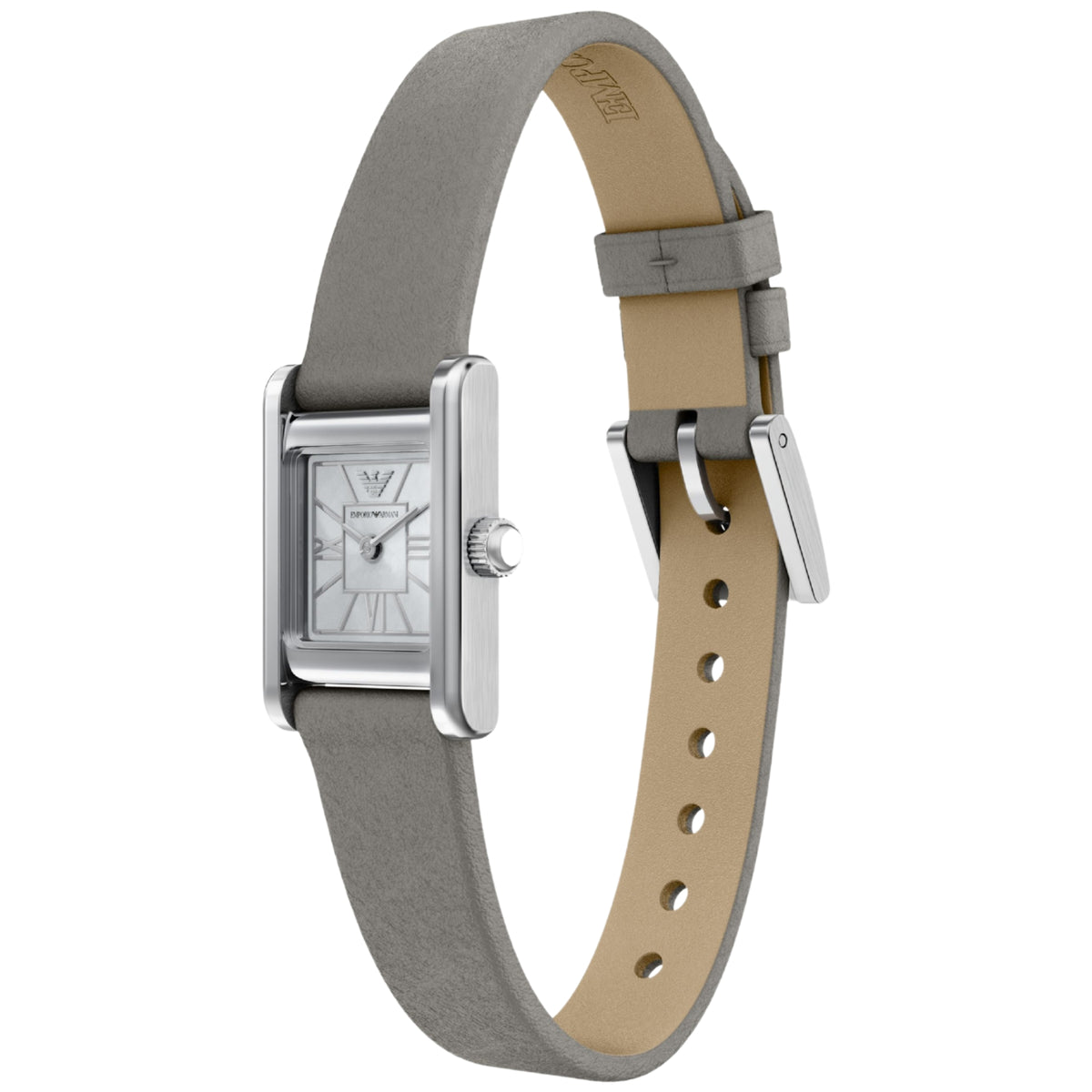 Ladies quartz watch with gray leather strap, silver case and visible buckle underside