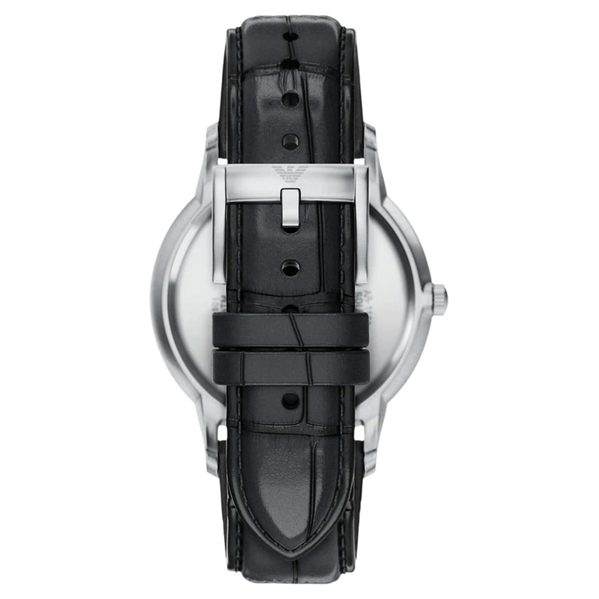 Straight back shot of the Emporio Armani Archetipo AR11826 watch displaying the black leather strap and steel closure