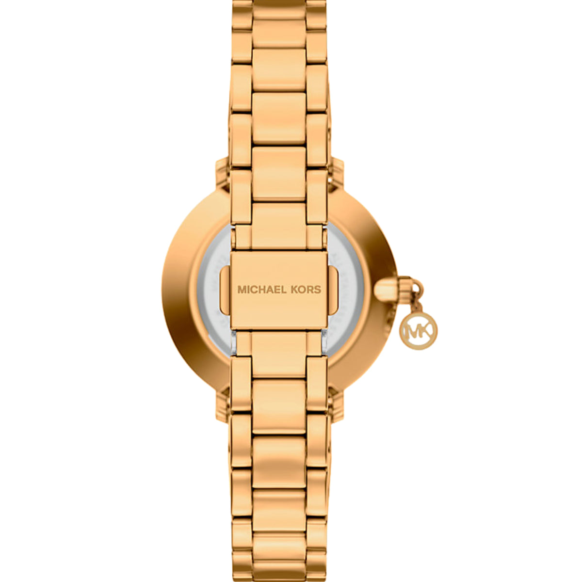 Michael Kors Pyper MK7572 rear view detailing the gold-tone bracelet links and logo-engraved deployment clasp