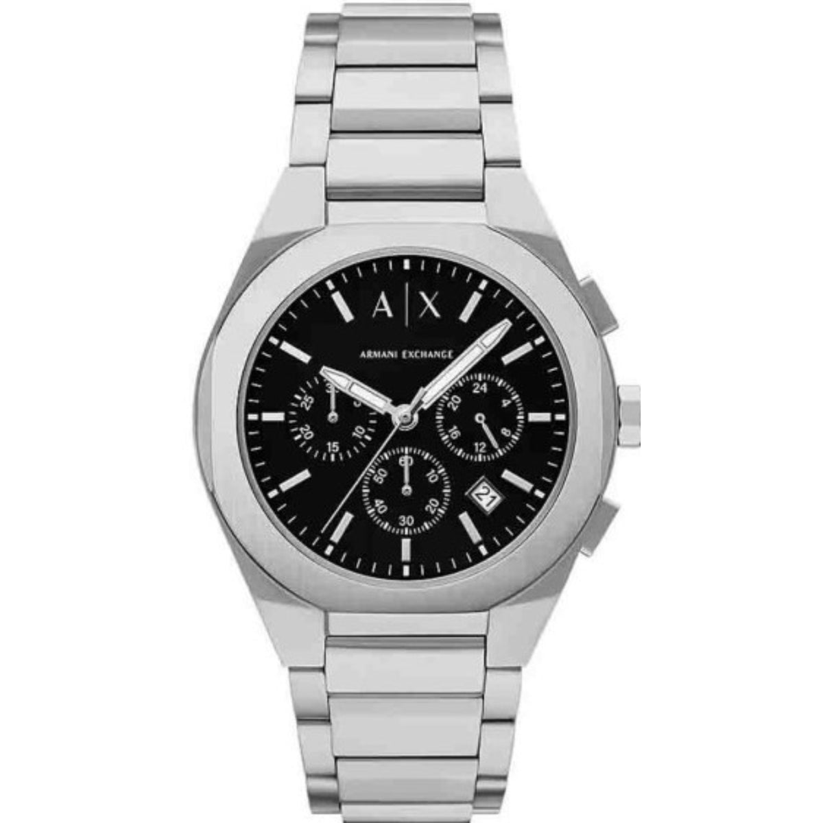 Armani Exchange Rafael AX4186 front view showing black chronograph dial with sub-dials and steel bracelet