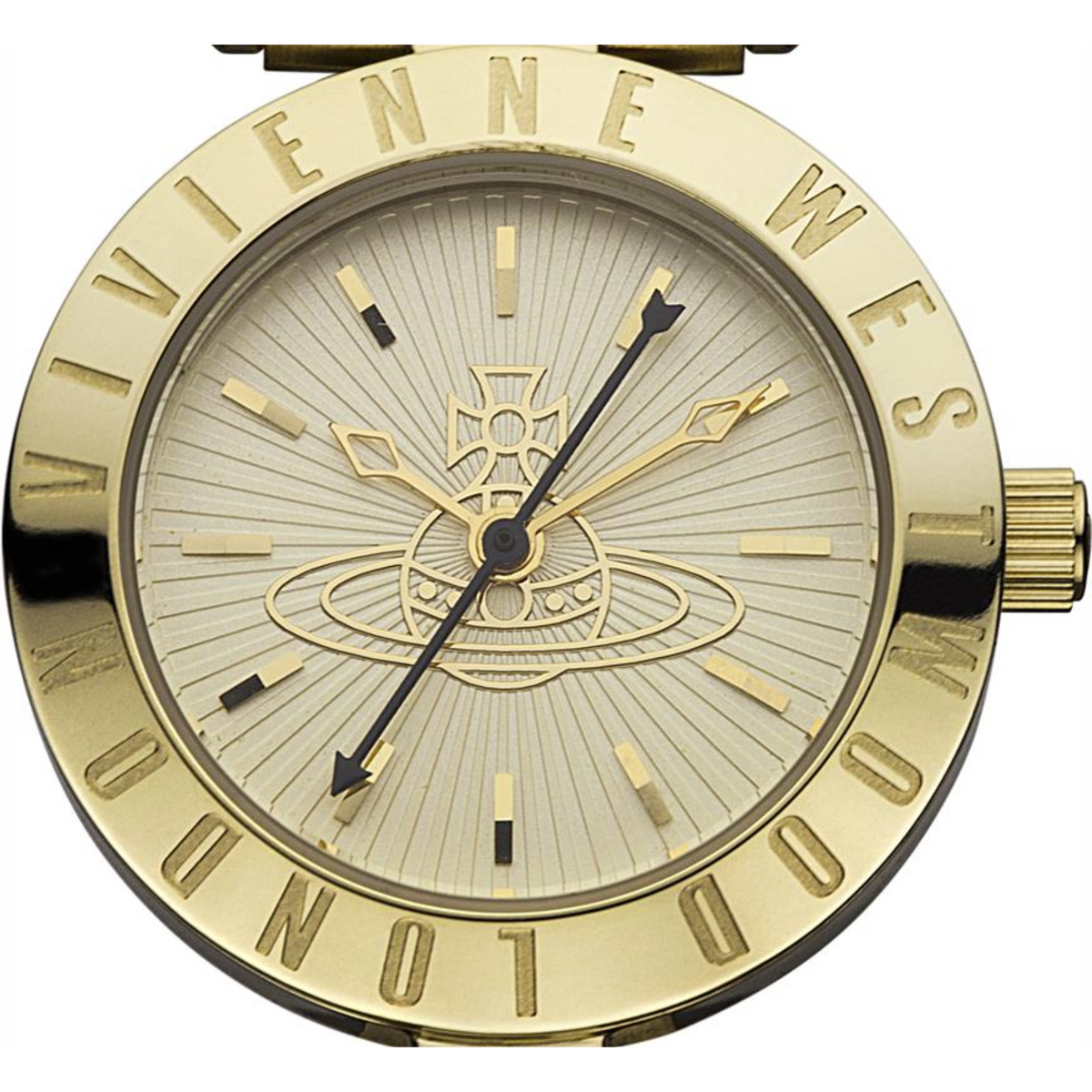 Gold-tone bezel ladies watch with sunburst dial, black hands, and orbit motif